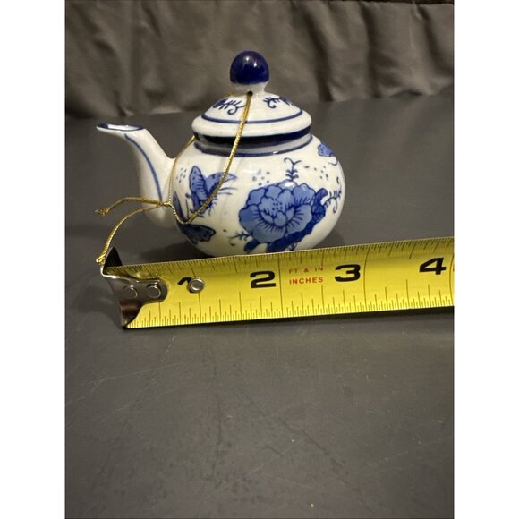 Vintage Miniature Mini Teapot Ornament Blue White Porcelain Floral Butterfly 3" - Picture 13 of 14